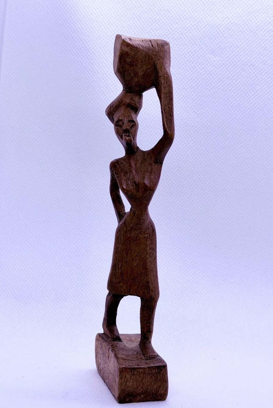 Hand Carved Wooden African Tribal Woman Carrying Load Figurine